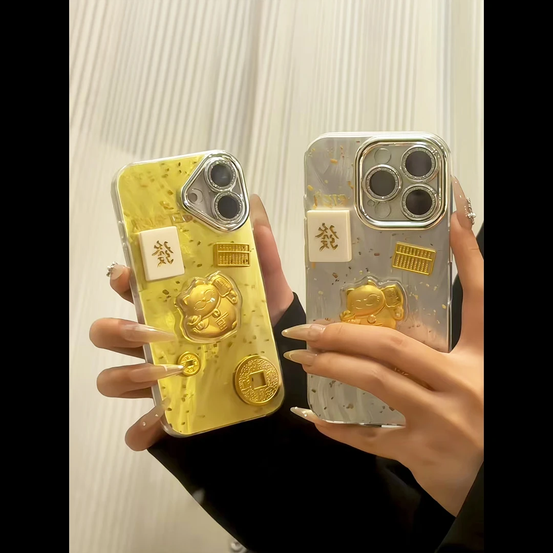 立体招财猫适用苹果17华为p70vivo小米15oppo银色精孔羽纱手机壳