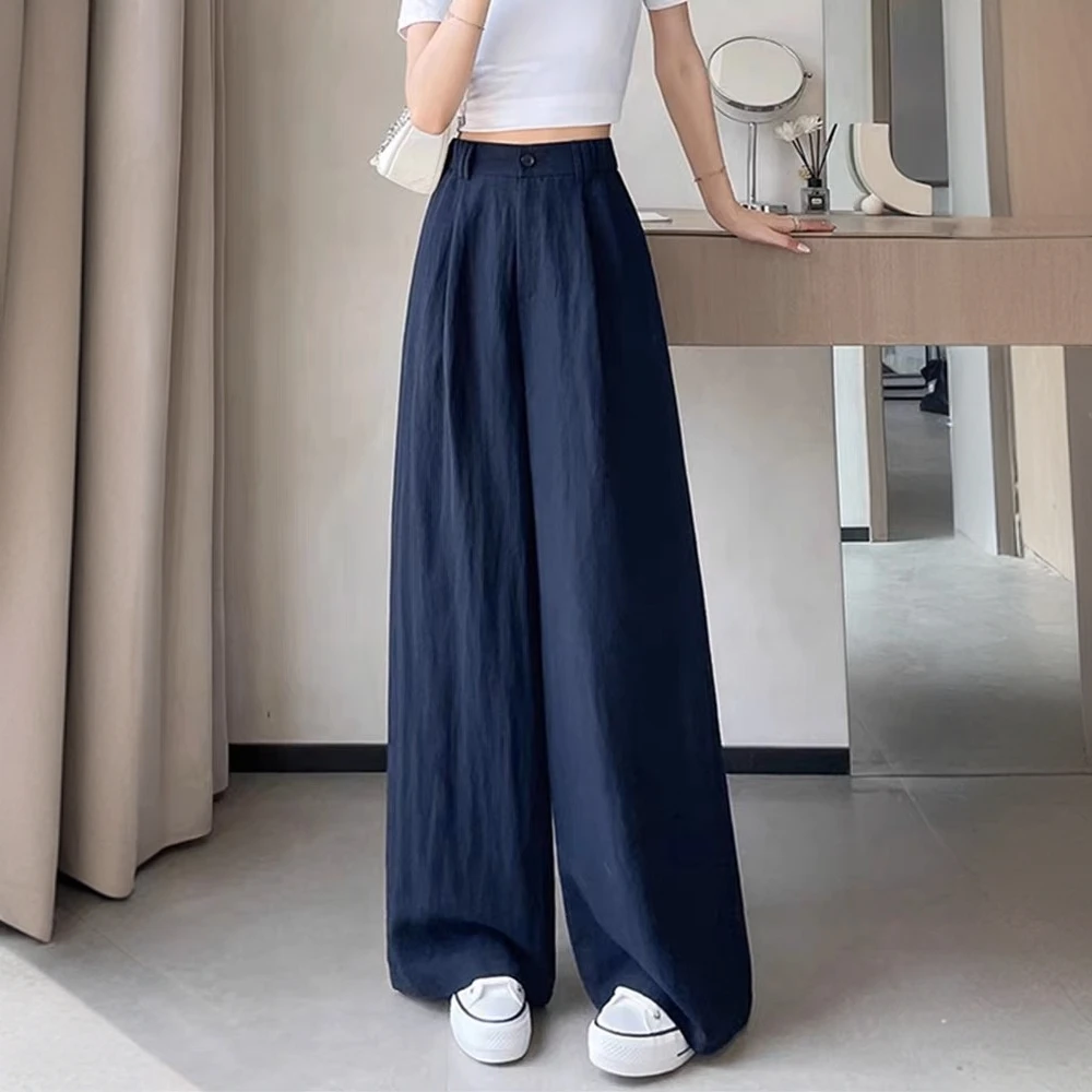 天丝亚麻休闲阔腿裤女2025夏季薄款后腰松紧宽松显瘦垂感直筒裤子