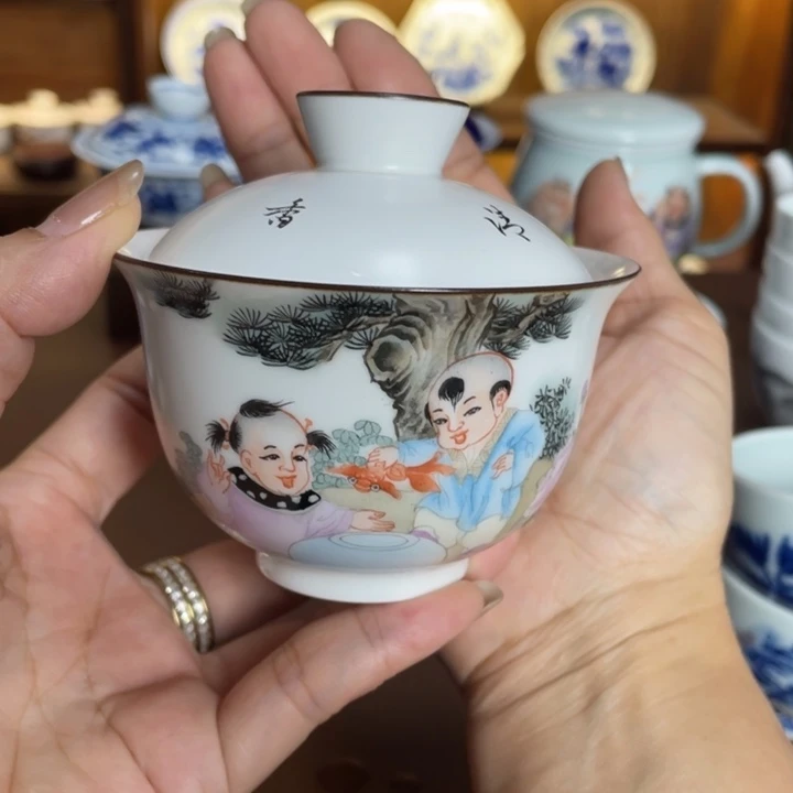 手工手绘童子盖碗