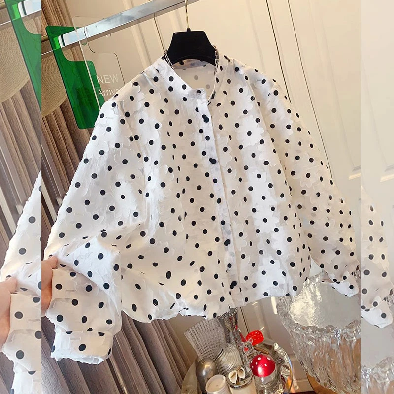 洋气百搭立领长袖大码春季新款宽松遮肚显瘦法式撞色波点衬衫衬衣