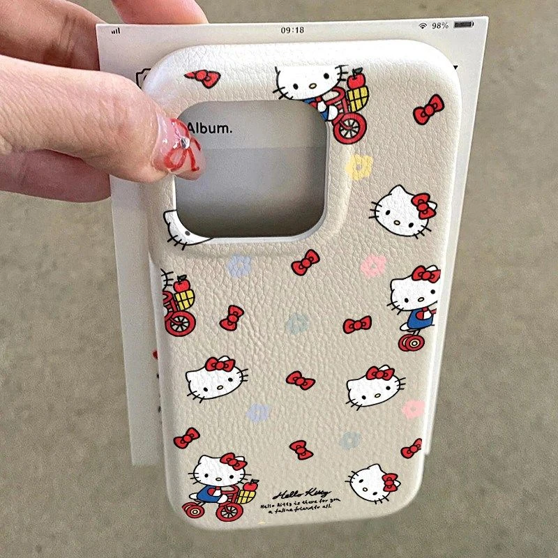 卡通骑车凯蒂猫iPhone16手机壳适用苹果15/14/13promax荔枝纹新款