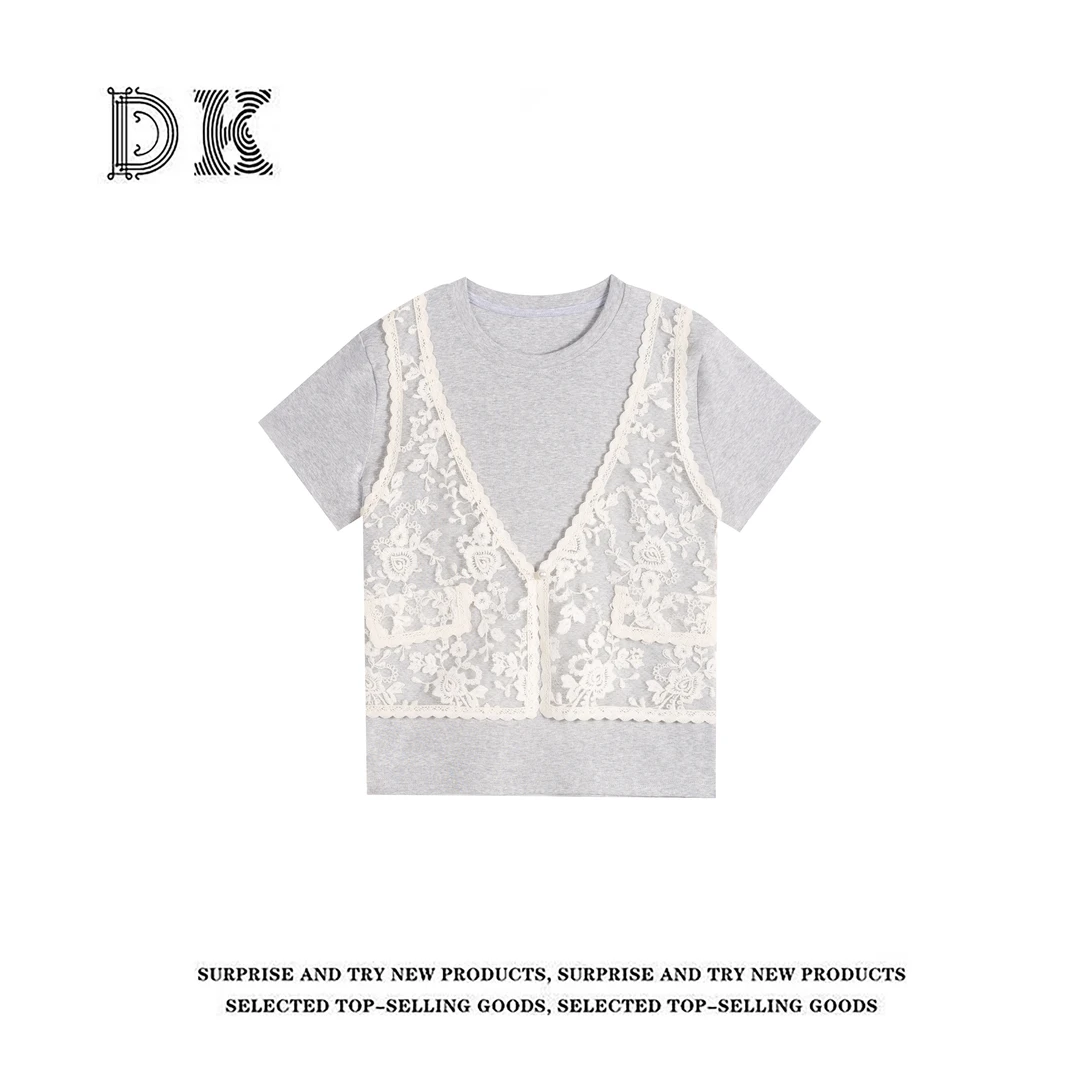 『蕾丝小衫』2025年夏季新款撞色拼接假两件气质法式上衣【DK】