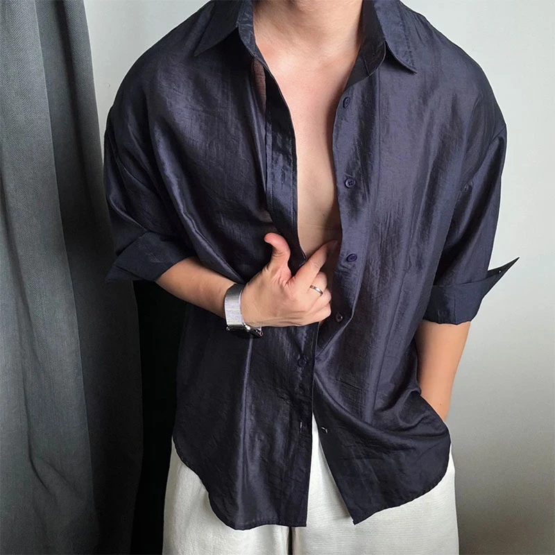藏青仿亚麻凉感短袖衬衫男夏痞帅老钱风松弛感防晒轻薄六分袖衬衣