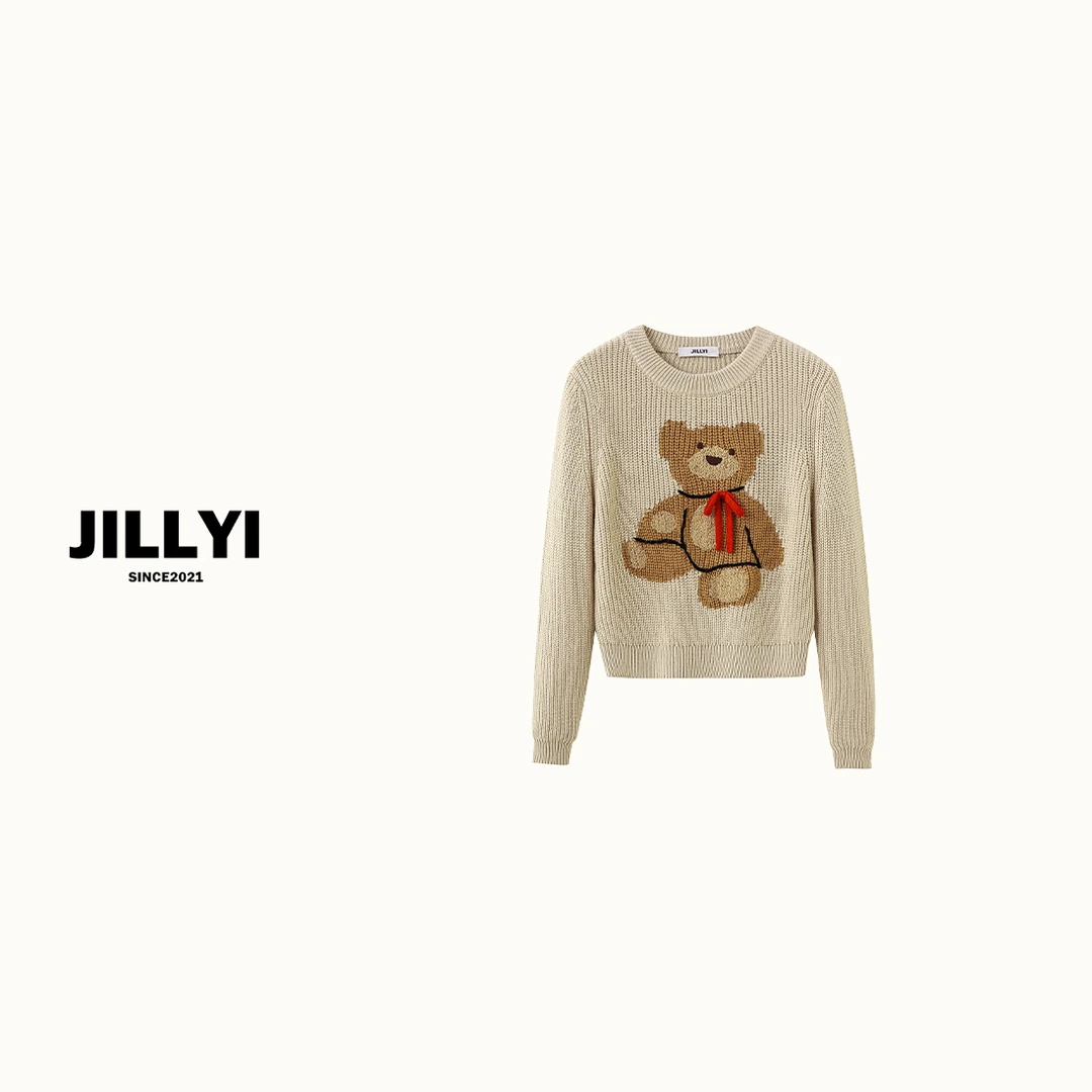JILLYI珠海店【奶油小熊】燕麦色圆领可爱小熊图案少女风针织衫秋季