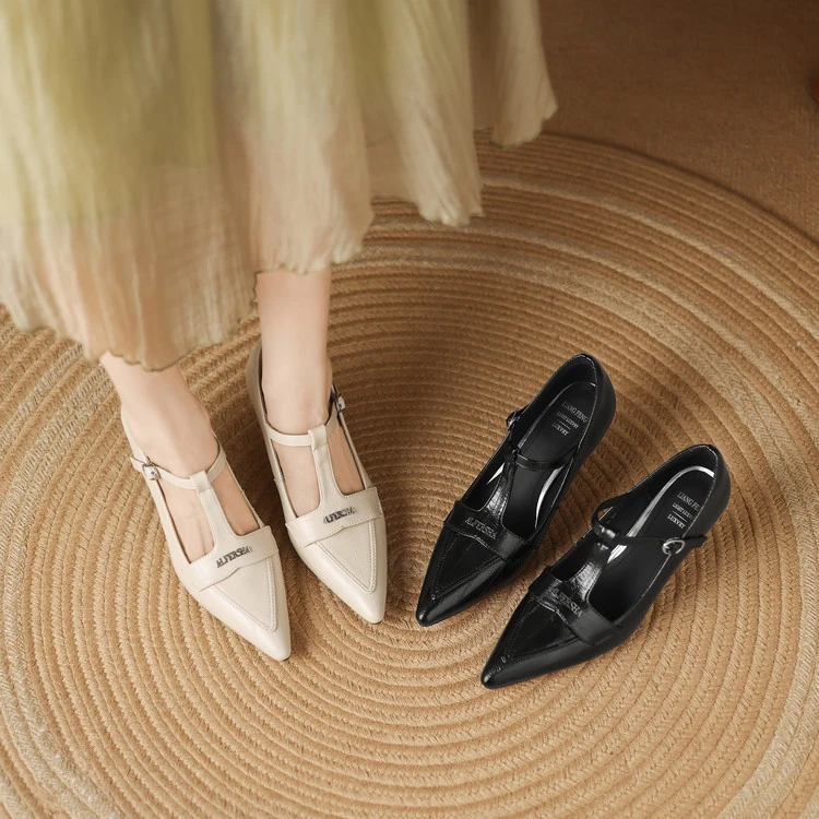 2025新款真皮法式尖头丁字带气质玛丽珍单鞋女鞋LF051