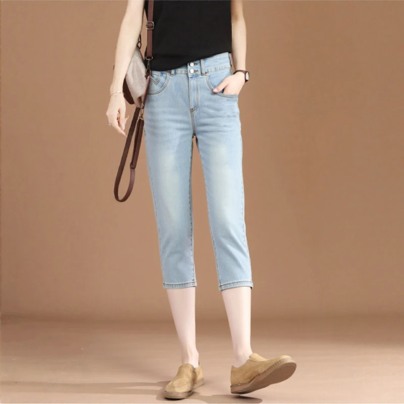 修身显瘦减龄百搭七分裤水洗高腰小脚牛仔裤女夏季新款修身铅笔裤