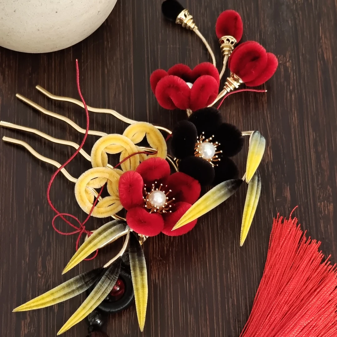 非遗传承纯手工绒花发簪檀木簪子新中式汉服头饰流苏盘发神器发饰