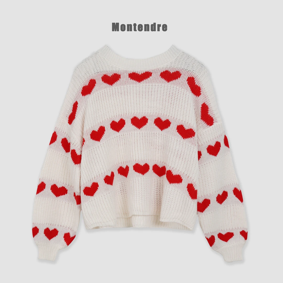 【Montendre】秋季新款 S 针织甜美毛衣双色提花宽松休闲爱心上衣