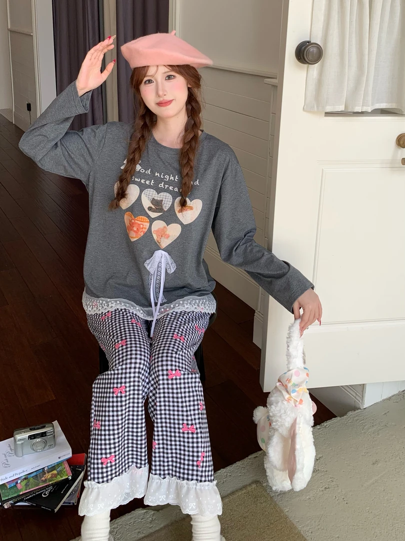 甜美萌系小猫格纹裤蕾丝花边睡衣可爱款抗菌棉家居服套装