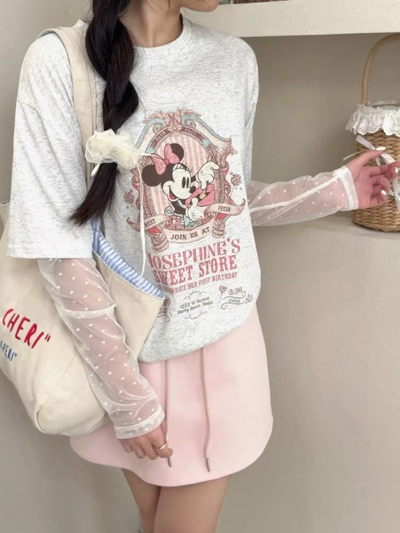 JOYER【SWEET米妮】夏季宽松时尚百搭卡通印花韩系网袖假两件