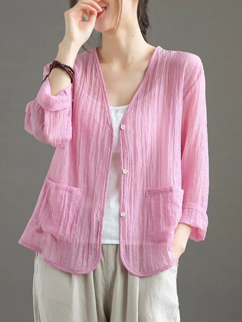 2025夏季轻薄V领三粒扣开衫小披肩上衣长袖防晒空调衫衬衫外套女