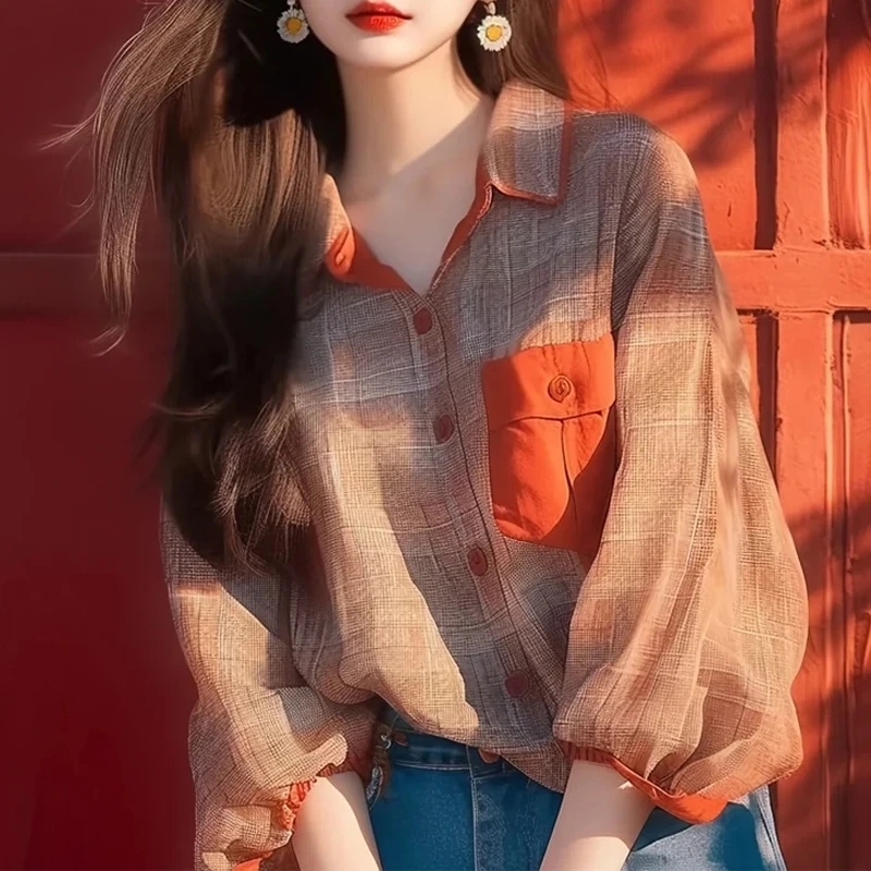 独特小众设计感上衣韩系洋气宽松遮肚显瘦漂亮橙色格子长袖衬衫女
