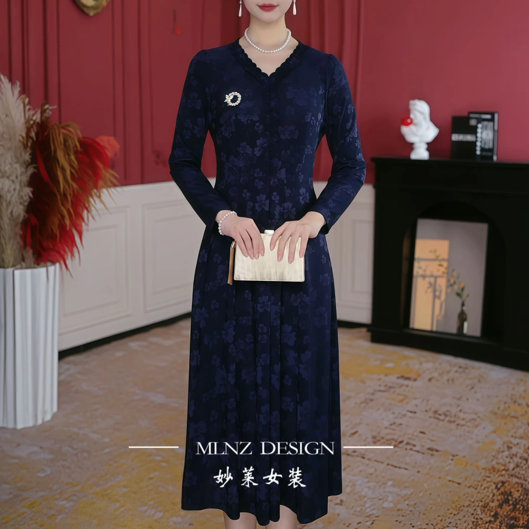 【妙莱蓝色妖姬】秋冬季新款洋气时尚阔太太长袖连衣裙裙子中长款