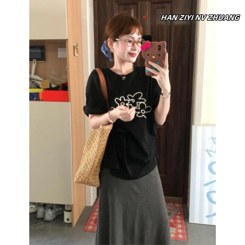 设计感小众正肩纯棉刺绣短袖t恤女夏季新款宽松慵懒休闲半袖上衣
