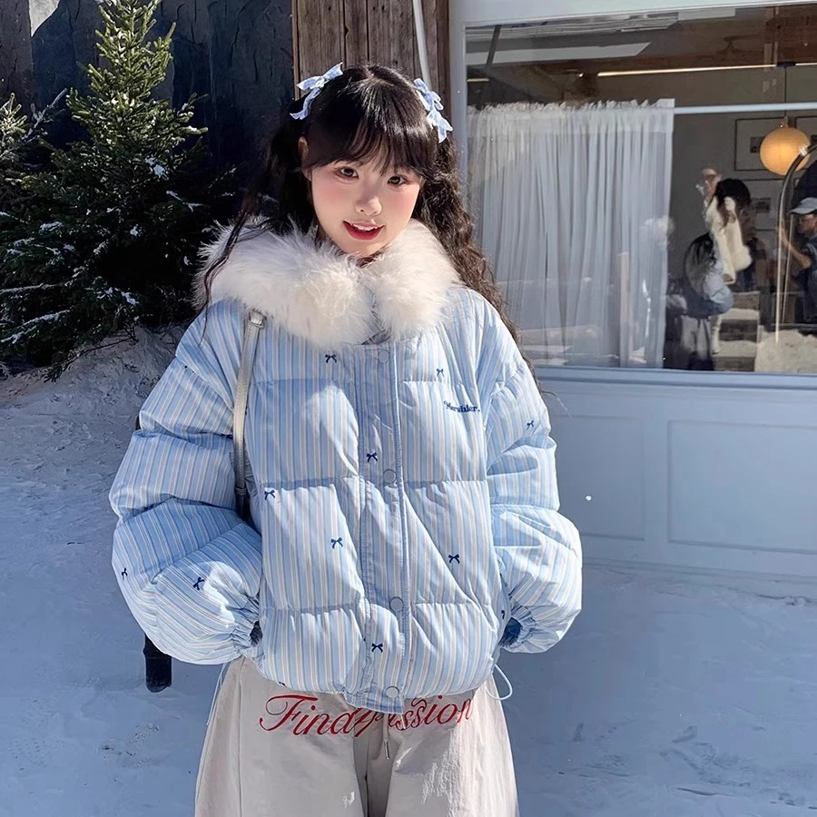 韩系蝴蝶结连帽羽绒棉服女2024新款冬季短款加厚条纹毛领棉衣外套