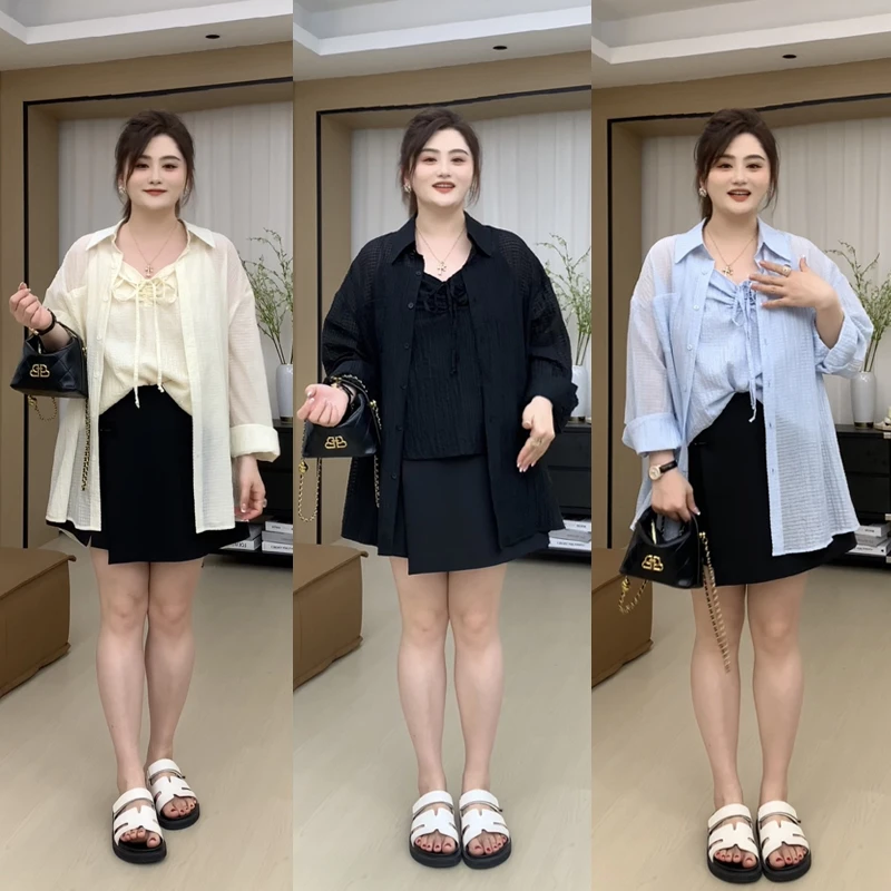 【胖佳佳】逃跑计划 立体泡泡格长袖衬衫吊带背心两件套H624Z04017