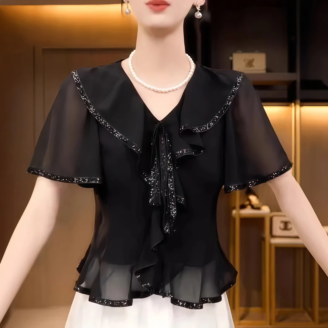 法式黑色荷叶边V领小衫女2025夏季新款洋气短袖修身气质显瘦上衣