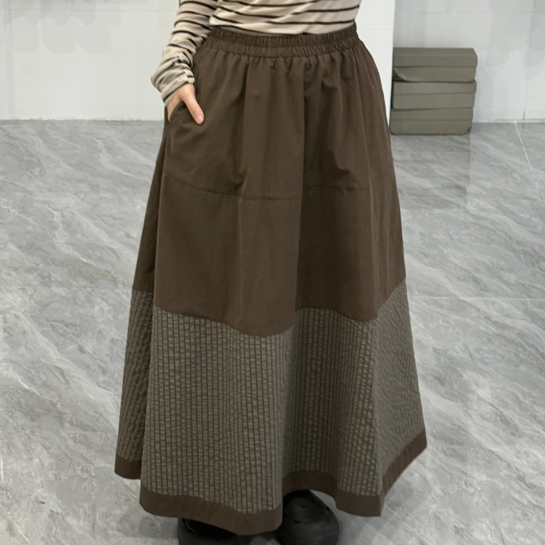 秋冬休闲松紧腰半身裙舒适百搭拼接格子裙