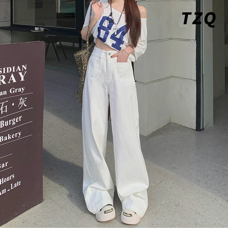 爆款美式阔腿裤2025夏款双口袋牛仔裤女白色高腰长裤TZQ2511761