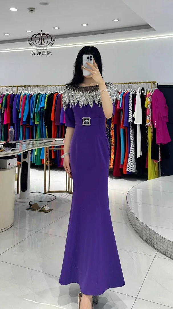 SHABA/莎芭显瘦紫金夏季定制连衣裙轻奢修身优雅气质鱼尾裙演出服