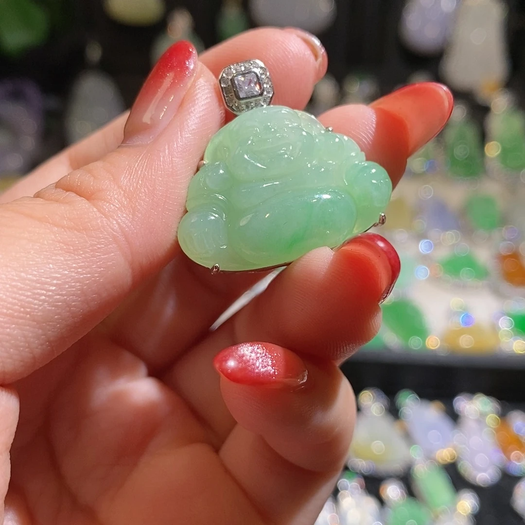 翡翠银S925镶嵌颈饰@***暖天然翡翠