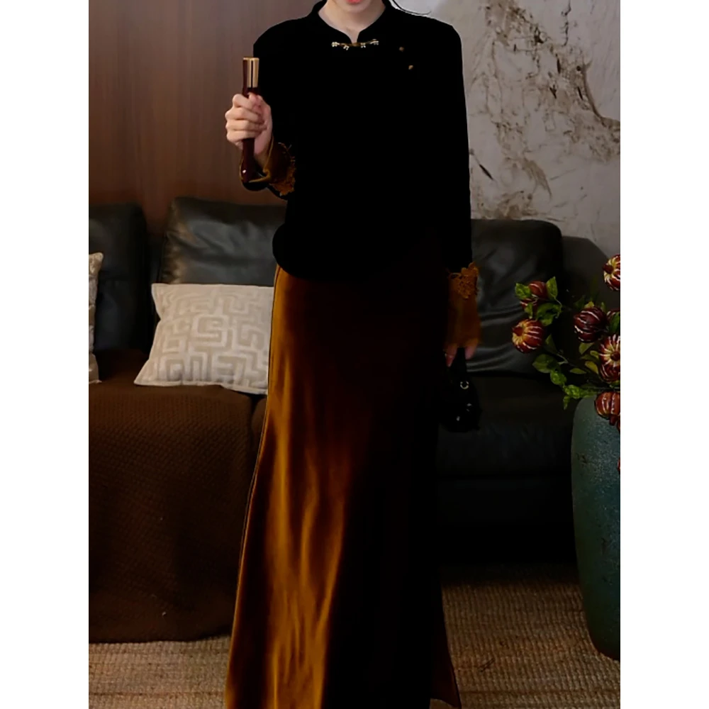 气质优雅高级感裙套装2025秋季新款盘扣立领显瘦上衣+纯色半身裙