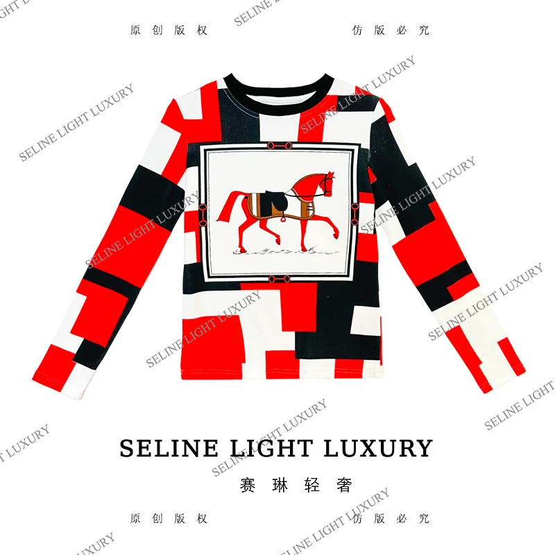 【25Q-694】七 2025 SELINE 新款印花时尚轻奢气质长袖T恤