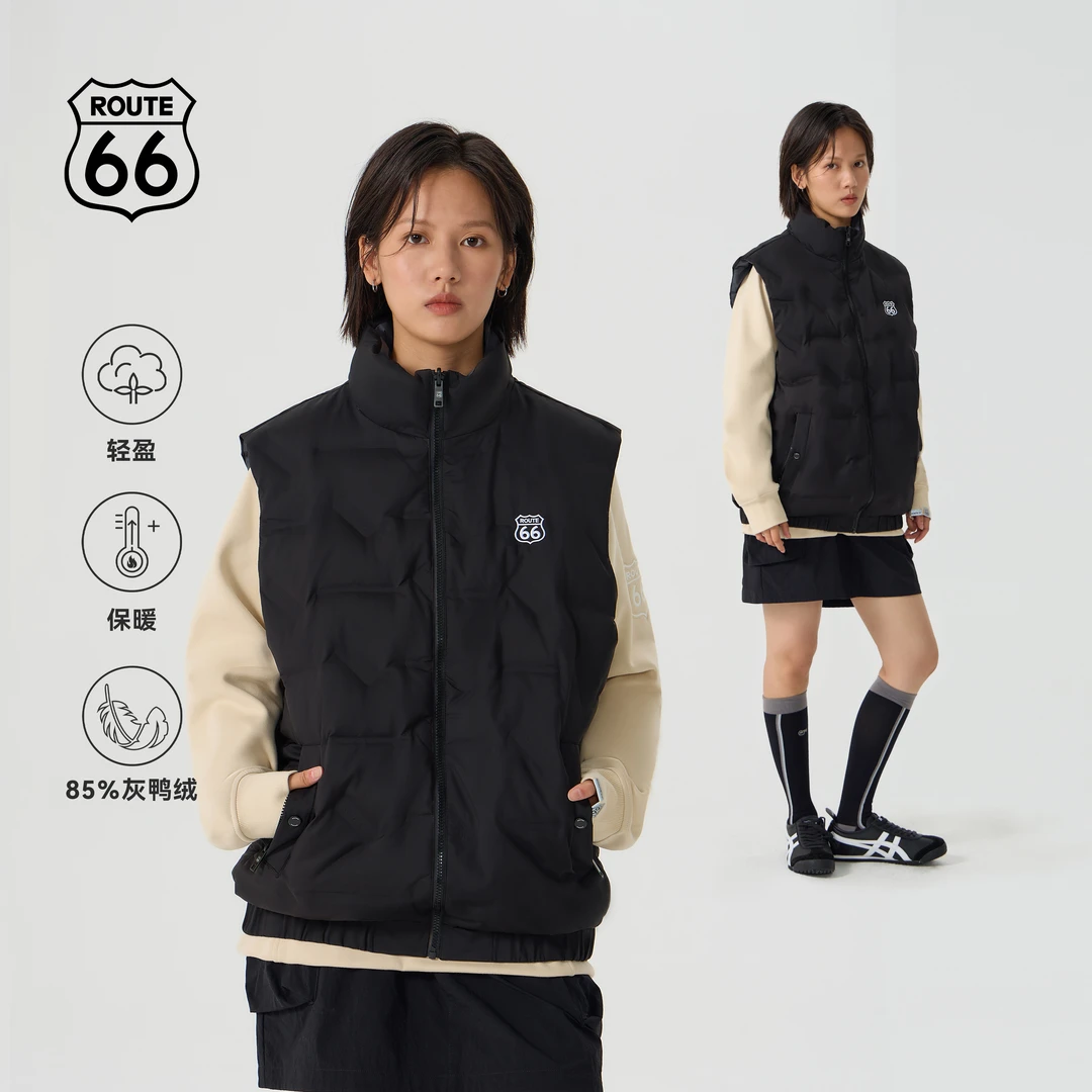 66号公路/ROUTE66秋季休闲百搭羽绒马甲立领两面穿灰鸭绒背心外套
