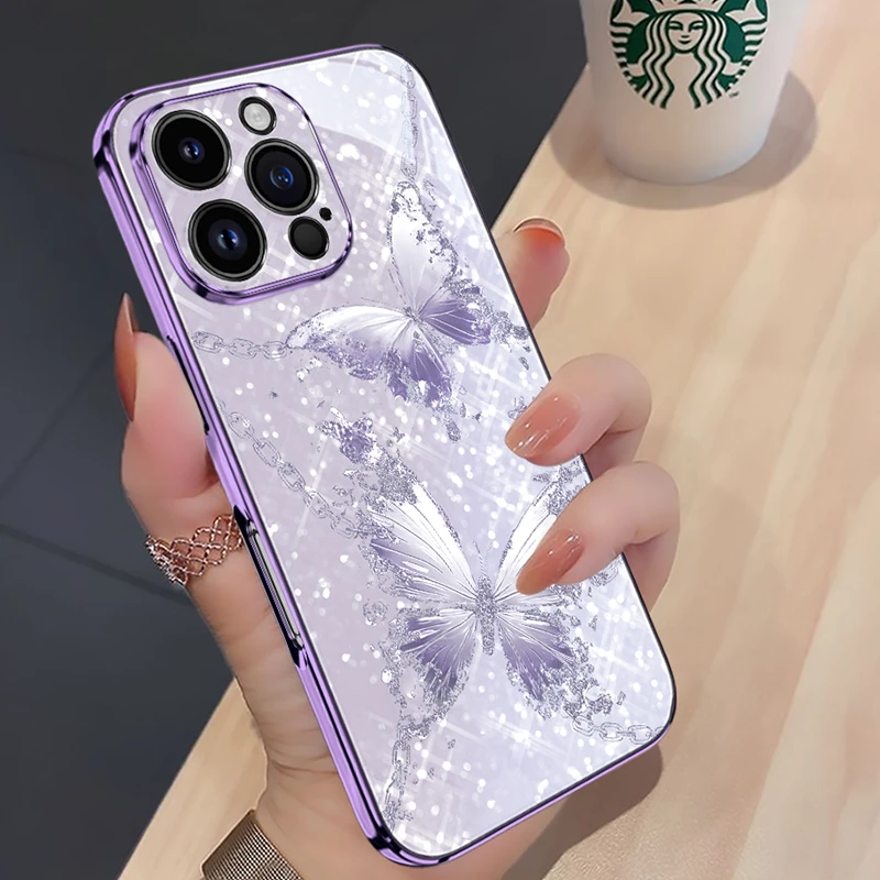 波光蝴蝶适用苹果16手机壳iPhone16promax高档轻奢全包防摔新款女