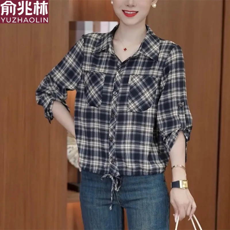 俞兆林夏季格子恤女衬衫时尚妈妈装洋气百搭小衫翻领中袖休闲减龄