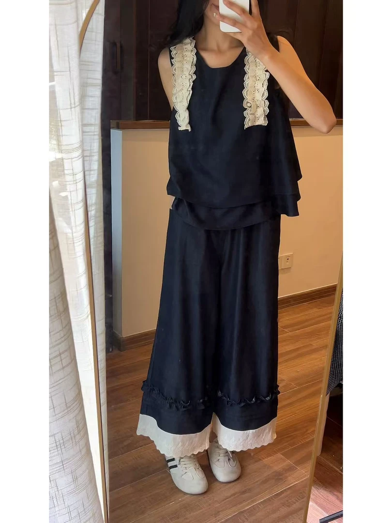 小香风蕾丝拼接牛仔背心阔腿裤套装女夏2025新款独特超好看两件套