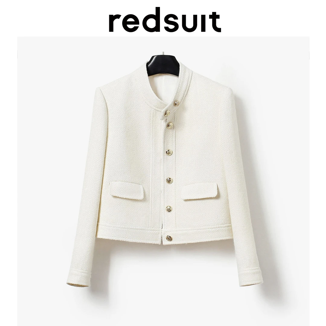 redsuit 经典重塑~简约高级金扣立领白色小香风外套通勤百搭上衣
