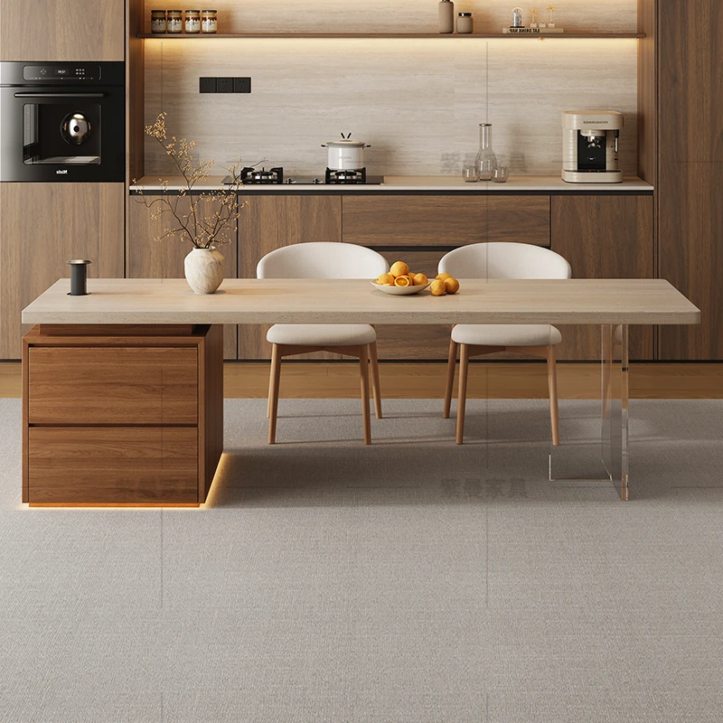 意式极简齐平岛台餐桌一体木纹款小户型多功能中岛台洞石岩板茶台