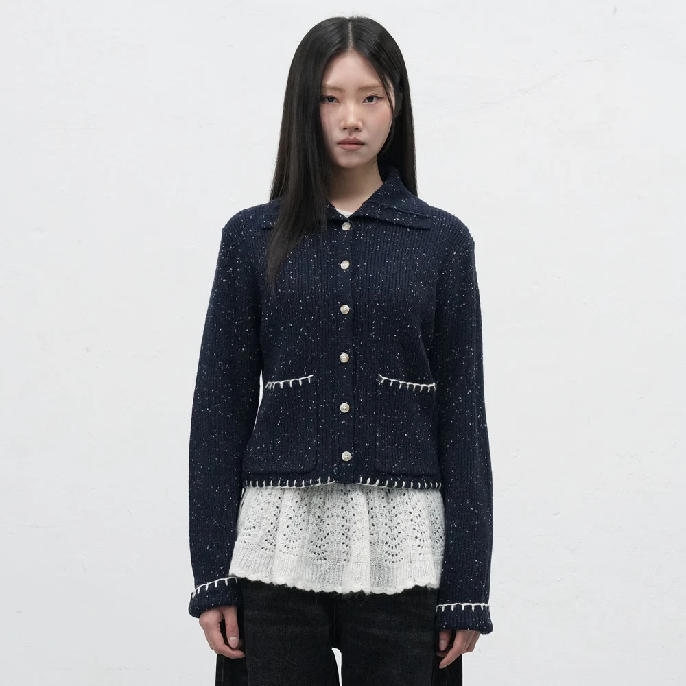 GENERAL IDEA BY BUMSUK燕麦颗粒翻领粗针包边花色针织开衫4516