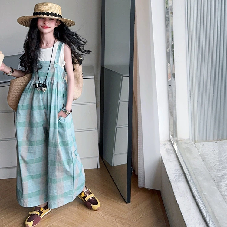 女童夏季格子背带裤套装2025新款时尚韩版儿童夏装宽松吊带长裤子