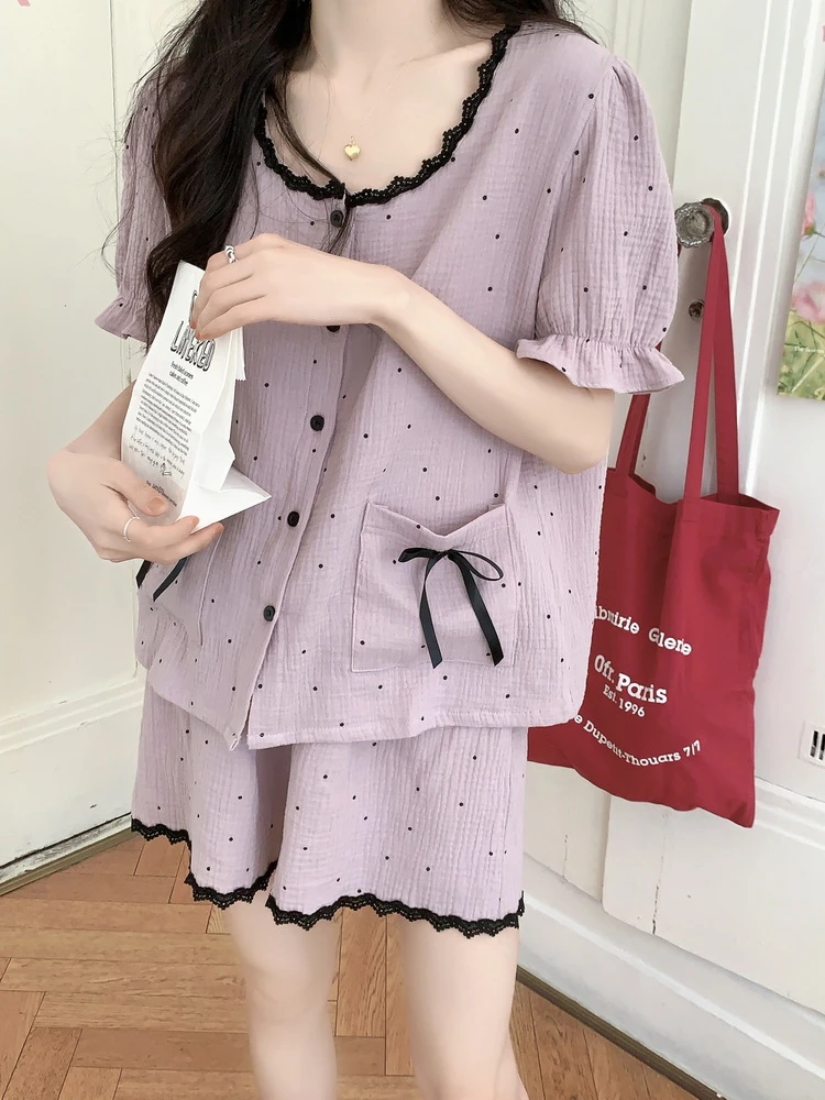 韩国ins甜美小香风波点纯棉睡衣女夏季短袖短裤少女花边家居服薄