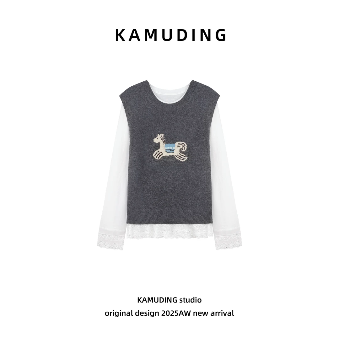 KAMUDING2025新款秋冬季真两件潮流时尚保暖舒适毛针织衫26002H