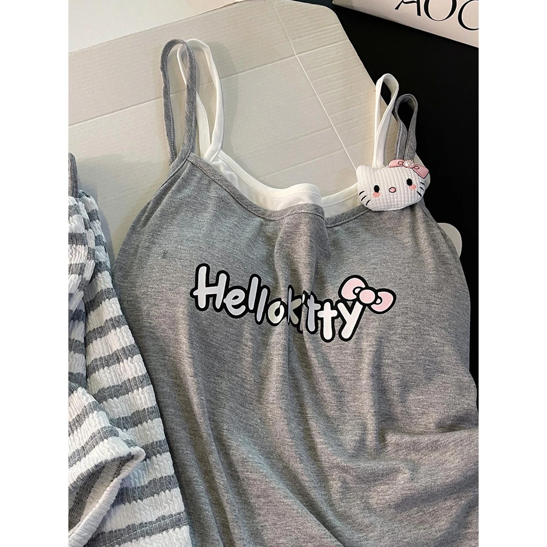 简约灰色字母睡衣女夏季带胸垫莫代尔纯棉吊带短裤学生家居服套装