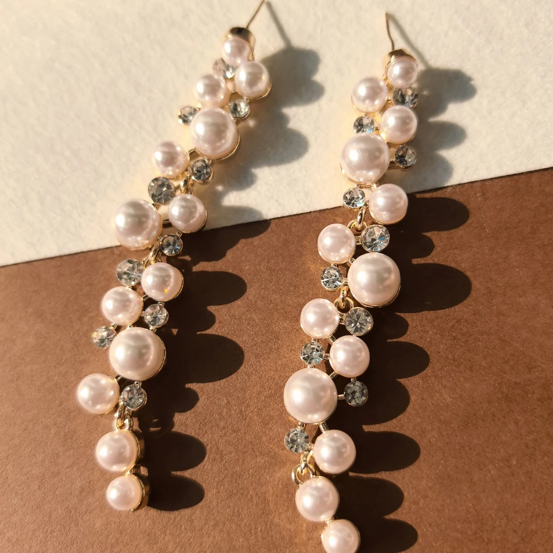 合金仿珍珠耳饰 合金耳饰珠珠长流苏耳饰少女法式超仙甜美手工