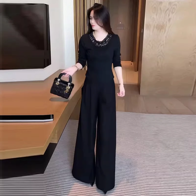 时尚套装女2025秋季新款时髦洋气蕾丝拼接长袖上衣阔腿裤两件套潮