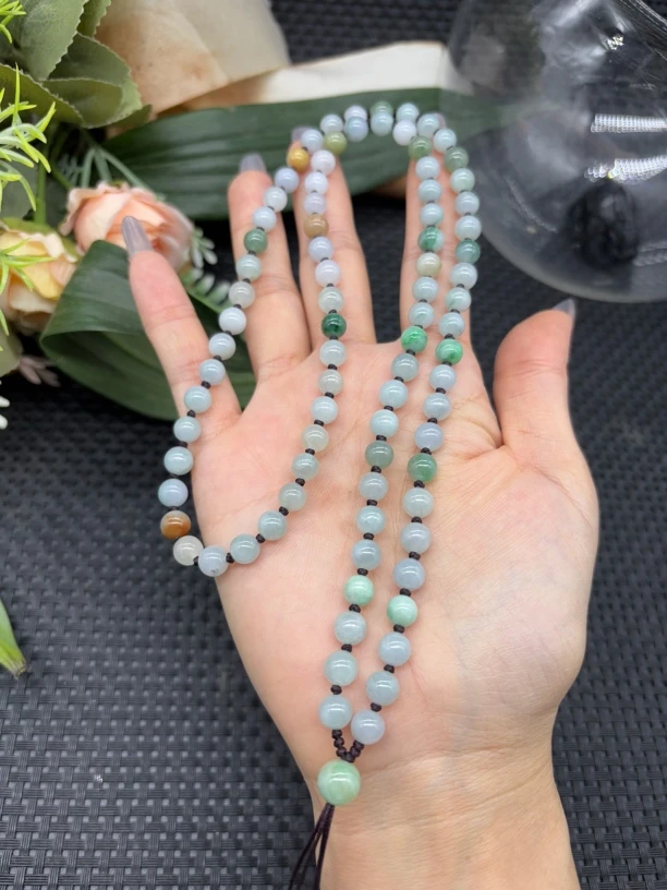 福利天然A货缅甸翡翠老坑细糯三彩圆珠6mm黄翡绿色玉石挂件绳长链