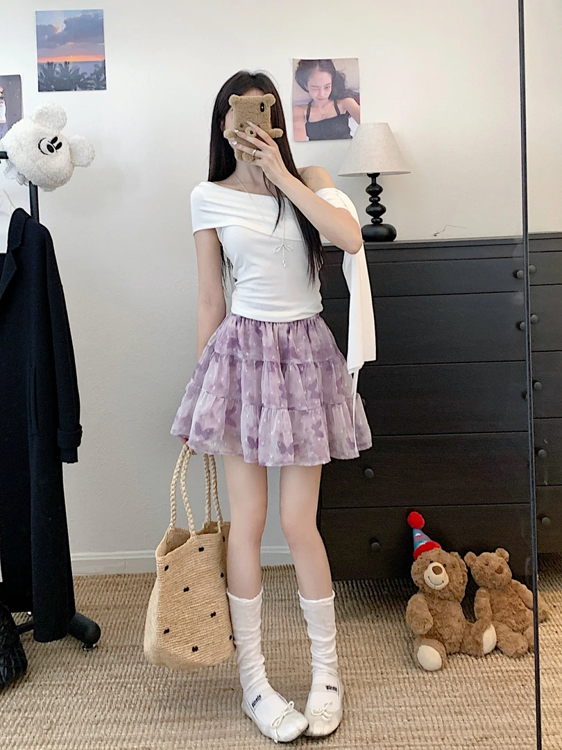 紫色甜美减龄半身裙女夏季新款高腰百搭显瘦蛋糕裙