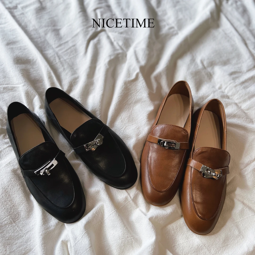 NiceTime|跟高2cm软底牛皮面复古乐福鞋经典锁扣英伦风一脚蹬女鞋