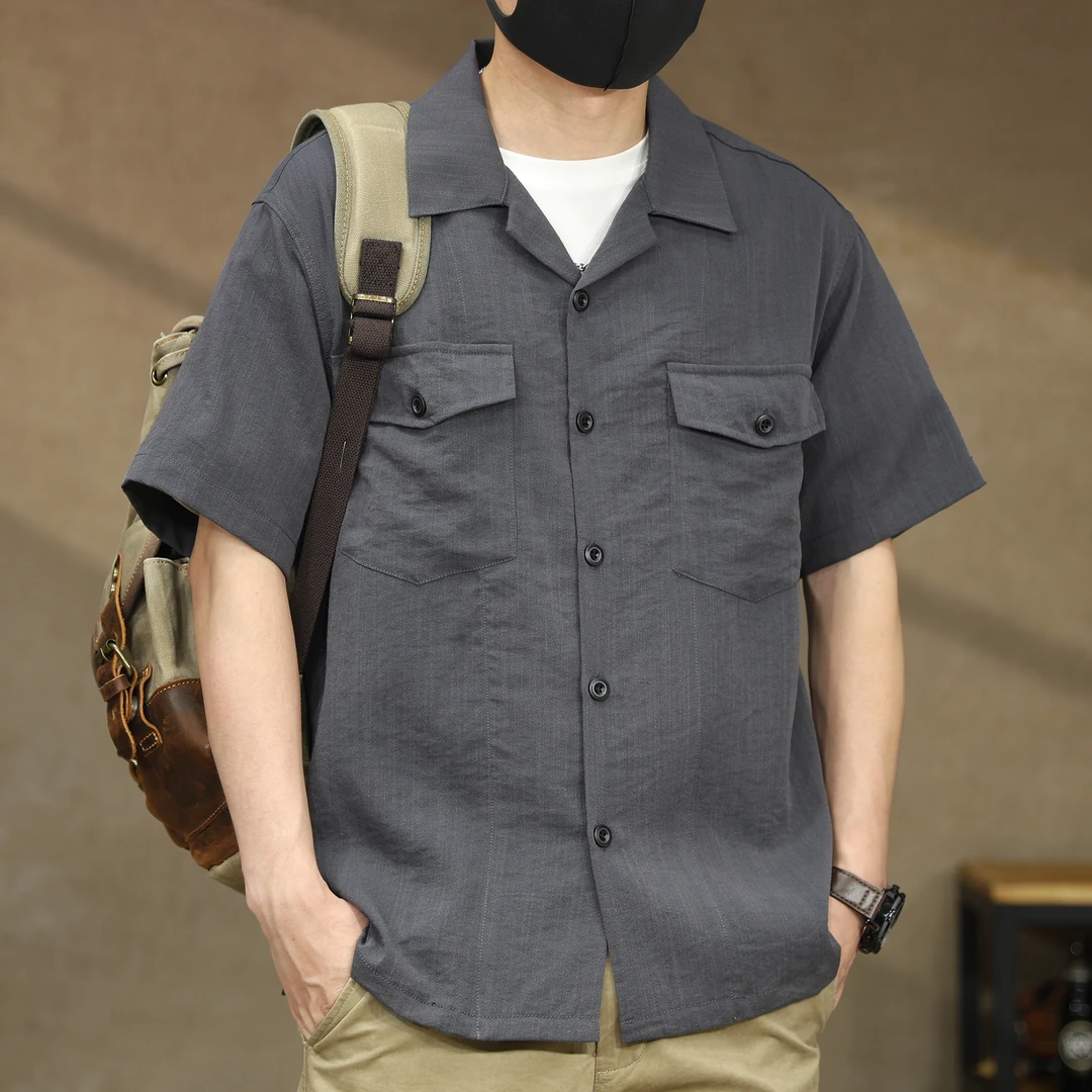 高端竹节纹冰丝凉感痞帅古巴领工装短袖衬衫男士夏季薄款休闲衬衣