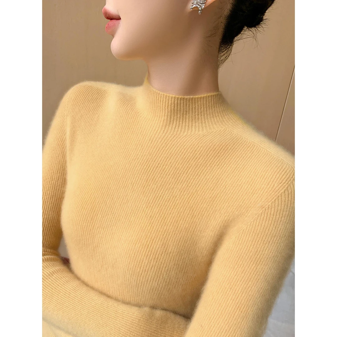 无缝软糯山羊绒衫女半高领秋冬修身内搭针织衫百搭黄色毛衣打底衫