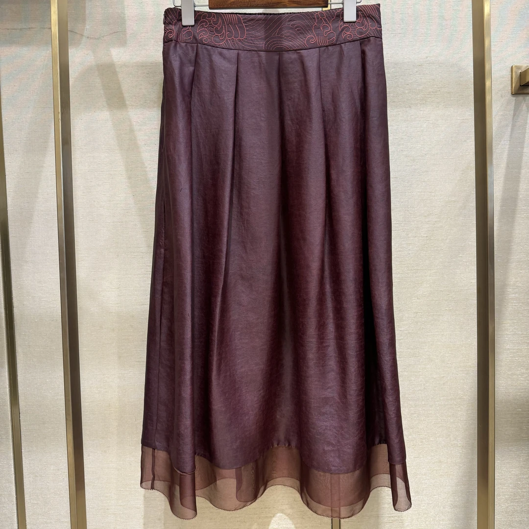 田新家高定100蚕丝  新中式国风红云纱皮料半身裙(86179祥云海浪)