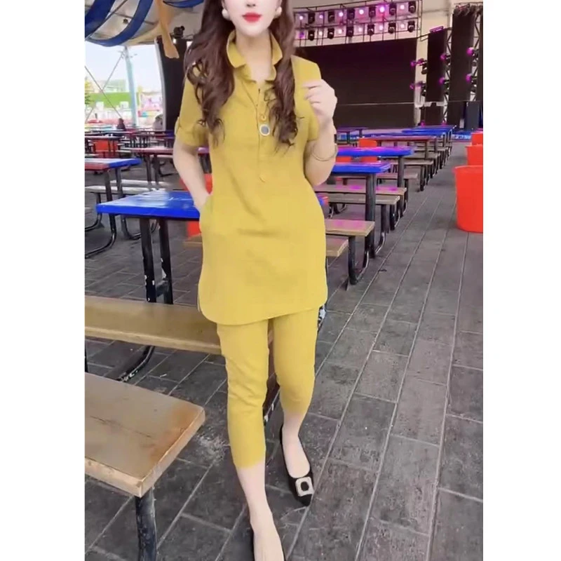 大爱美依缘2025新款时尚显瘦短袖中长款上衣七分裤两件套女