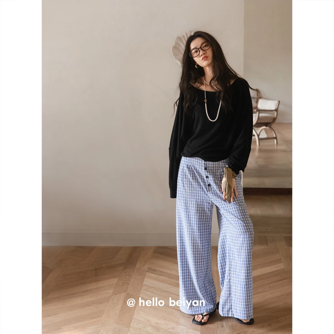 贝妍早秋小众设计感睡衣斜肩上衣慵懒风格子阔腿裤可外穿两件套装