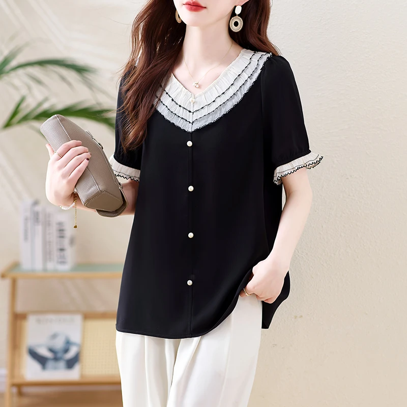大码胖MM时髦遮肚藏肉衬衫女2025夏装别致漂亮短袖衬衣薄款雪纺衫