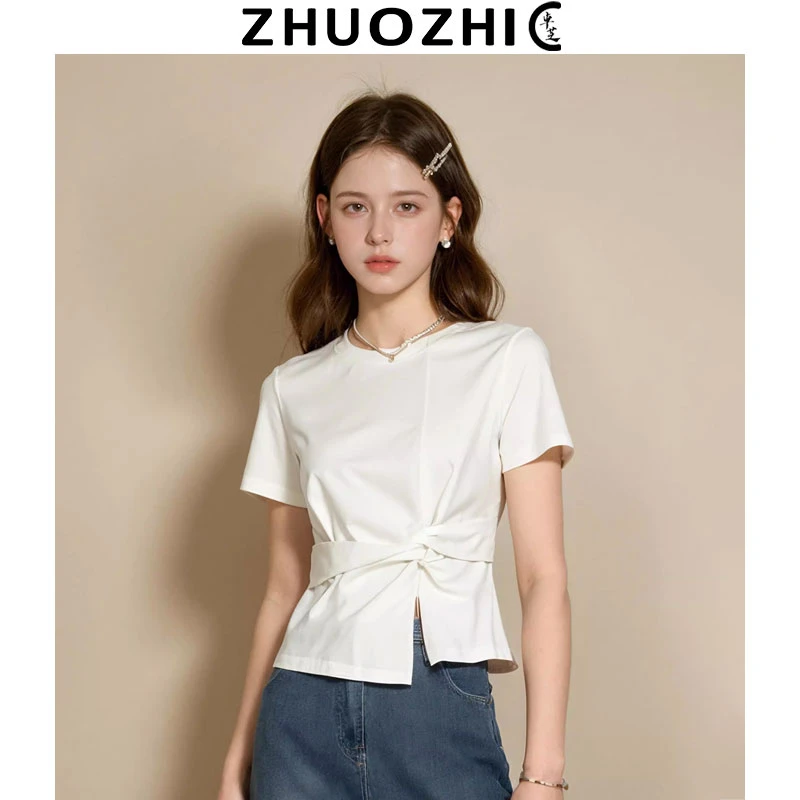 [卓芝]法式不规则开叉设计短袖T恤2025夏季新款百搭休闲显瘦上衣